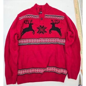 Chaps Red Reindeer & Snowflake Holiday Sweater M 100% Cotton Mens Fun Festive Kn